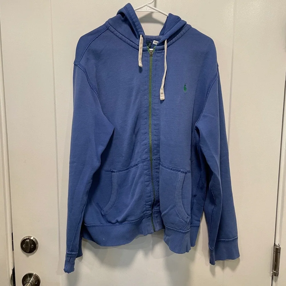 Polo Ralph Lauren Mens XL Blue Full Zip Hoodie Green Pony Logo Waffle Hood 8/6